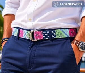 Vineyard Vines Patchwork D-Ring Belt Whale Palm Tree Golf Nautical Medium